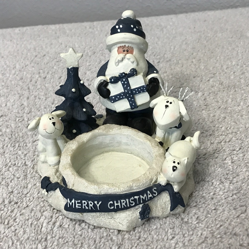 Crazy Mountain Santa Dog Cat Christmas Tea Light Votive Candle Holder Blue/White